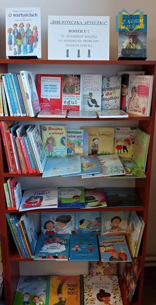 Zdjęcie: Regał biblioteczny z książkami rozwiązującymi różne problemy u dzieci.